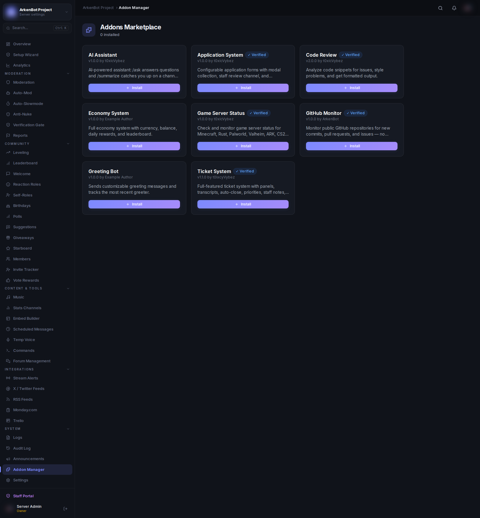 Addons Overview in the ArkenBot dashboard
