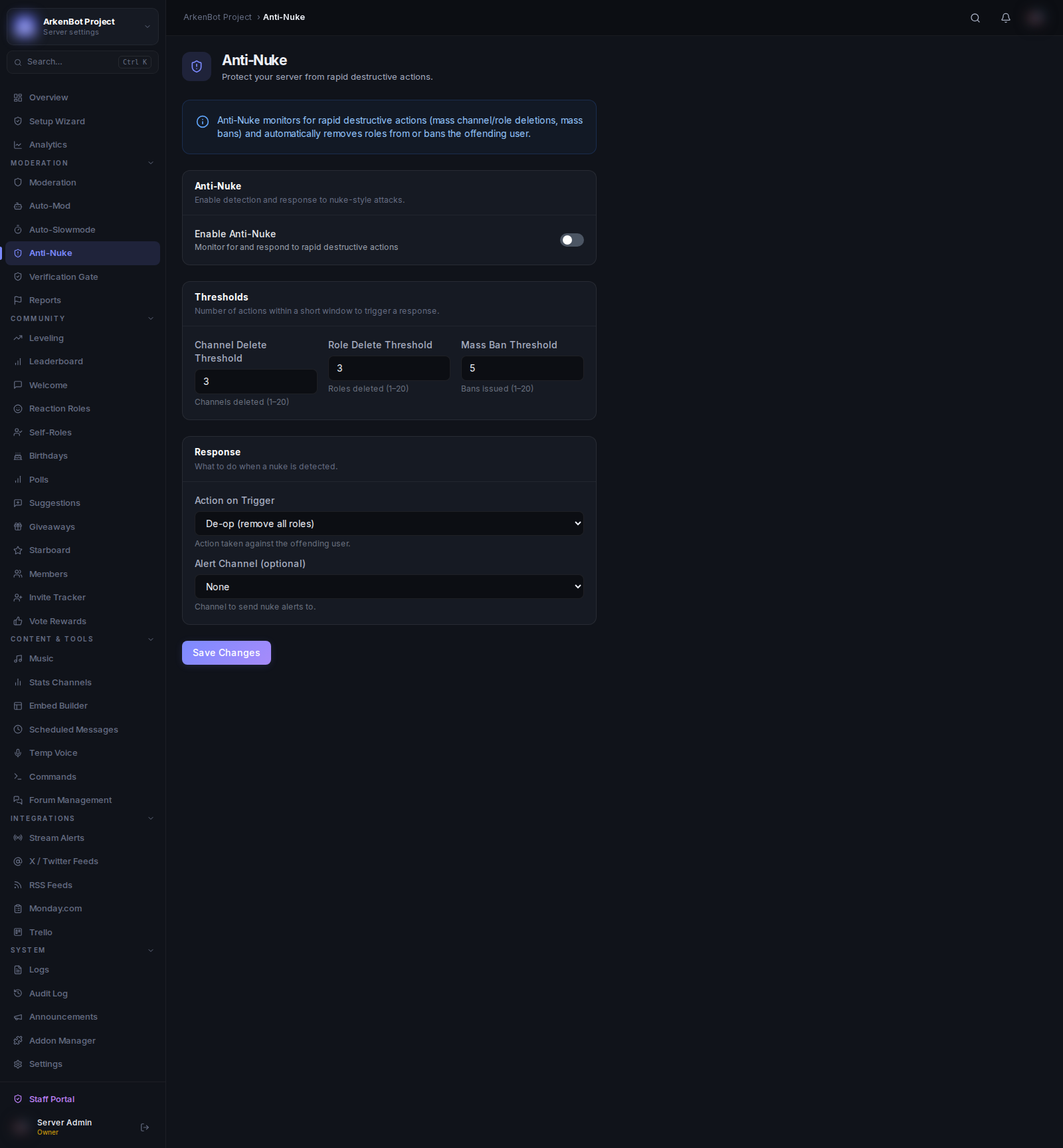 Anti-Nuke in the ArkenBot dashboard