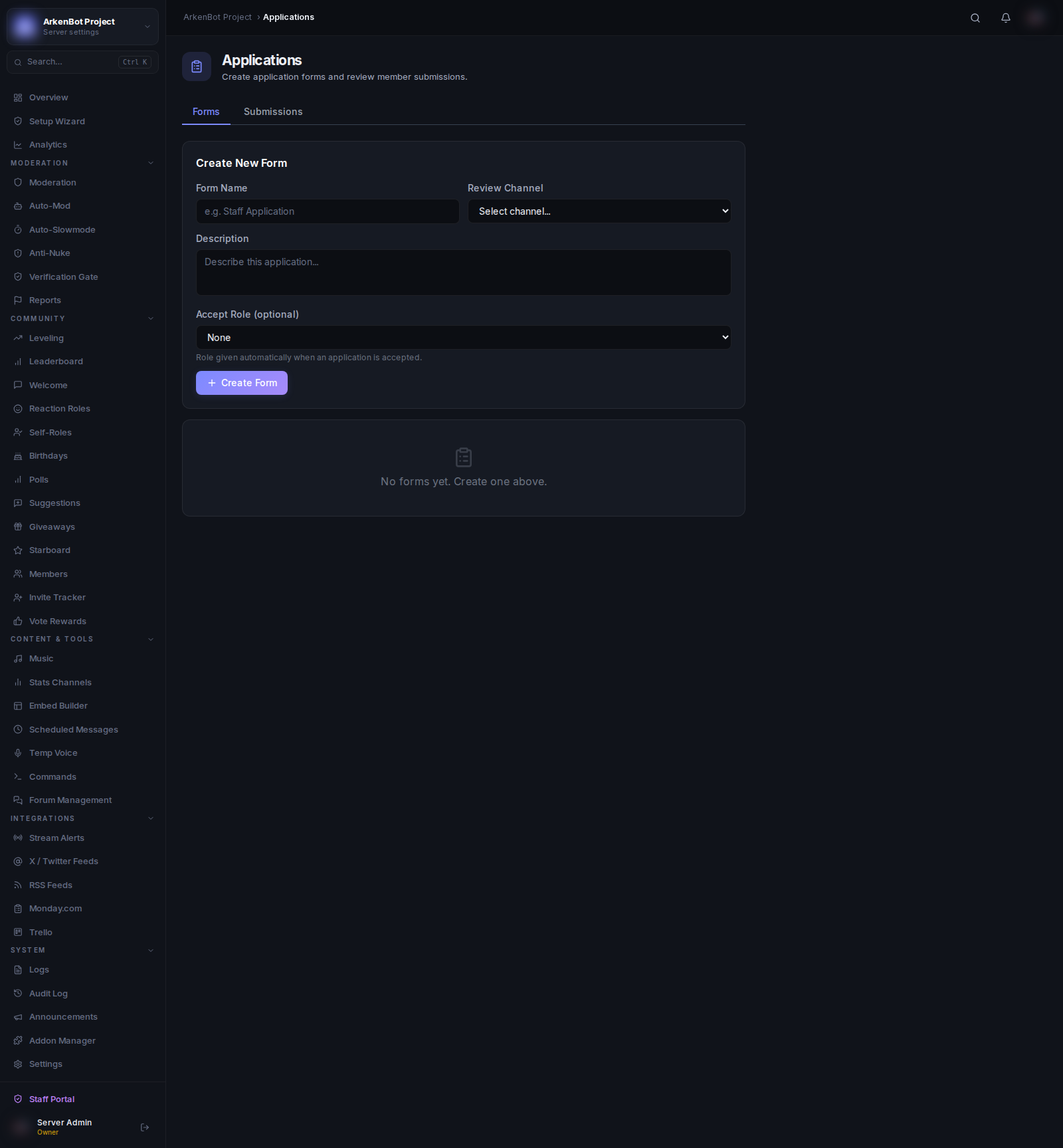 Application System in the ArkenBot dashboard