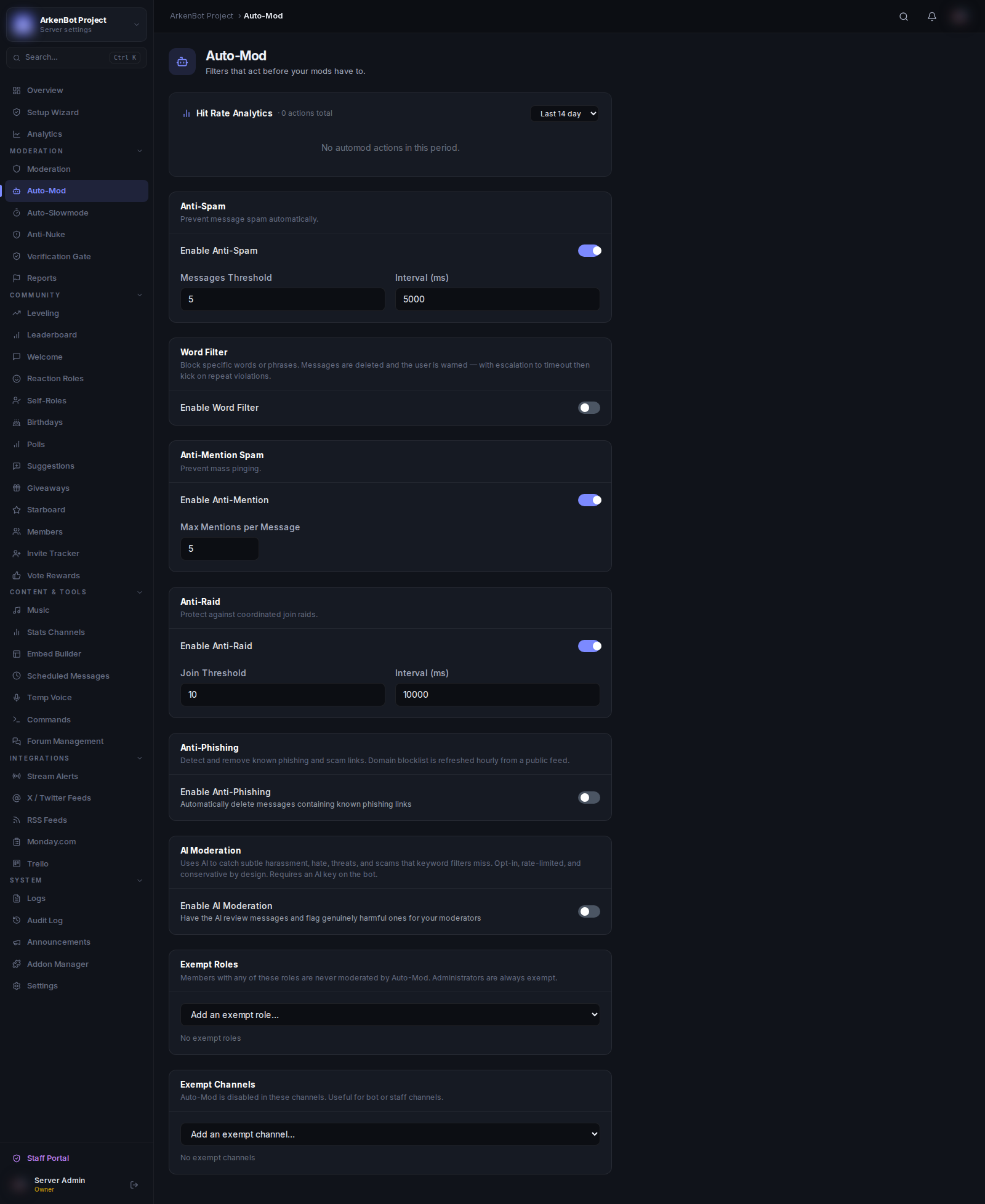 Auto-Mod Setup in the ArkenBot dashboard