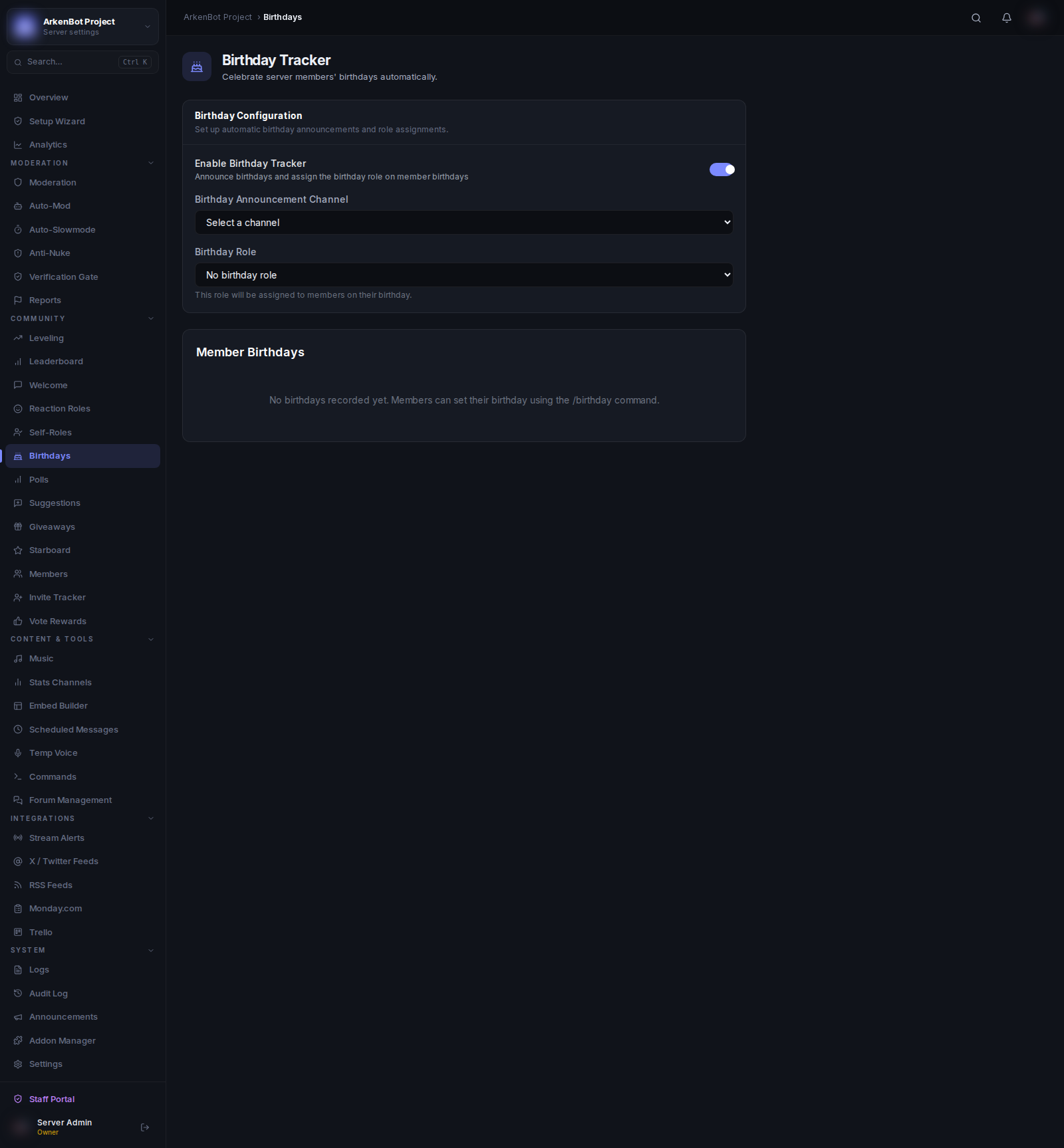 Birthday Tracker in the ArkenBot dashboard