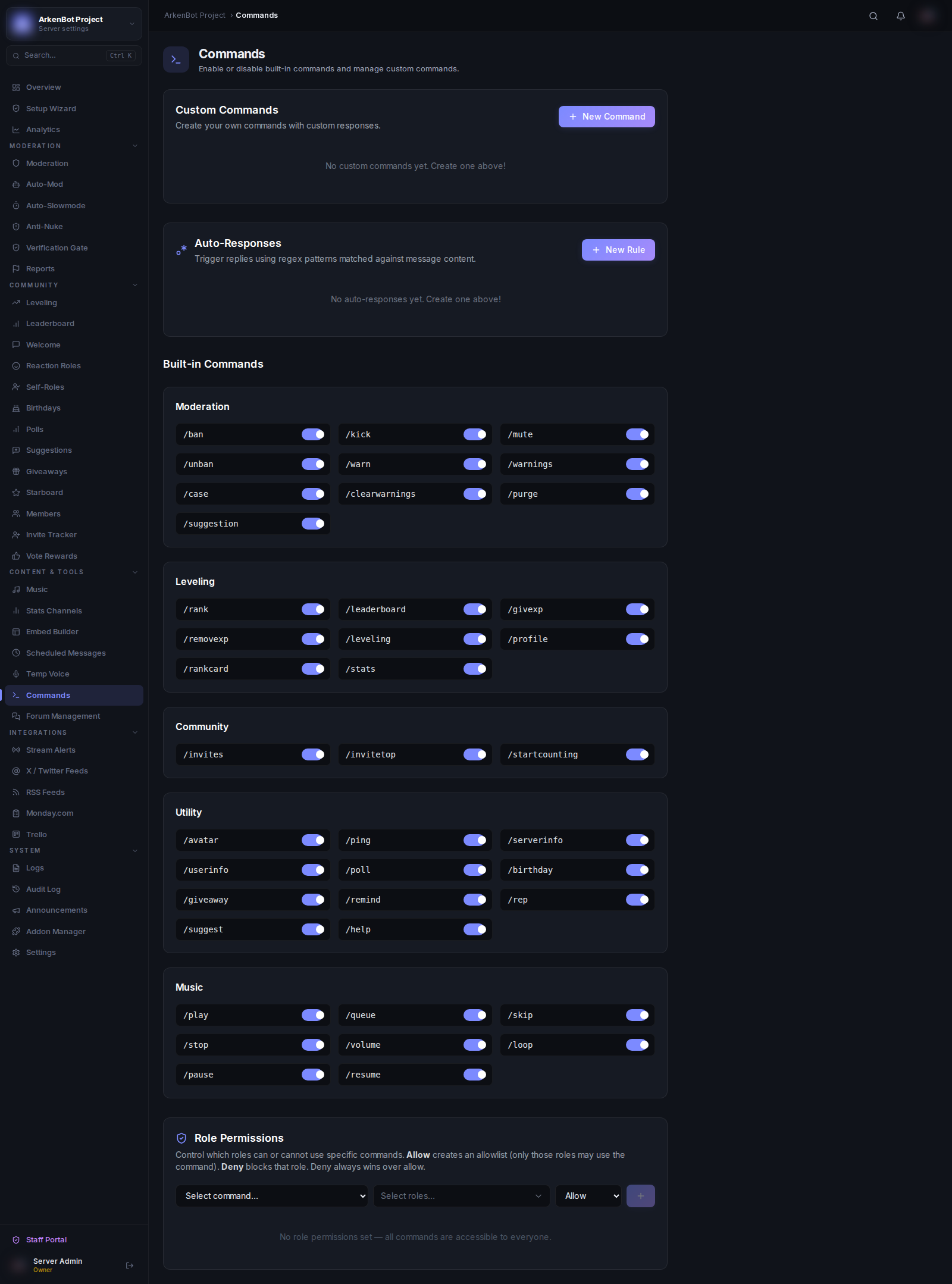 Custom Commands in the ArkenBot dashboard