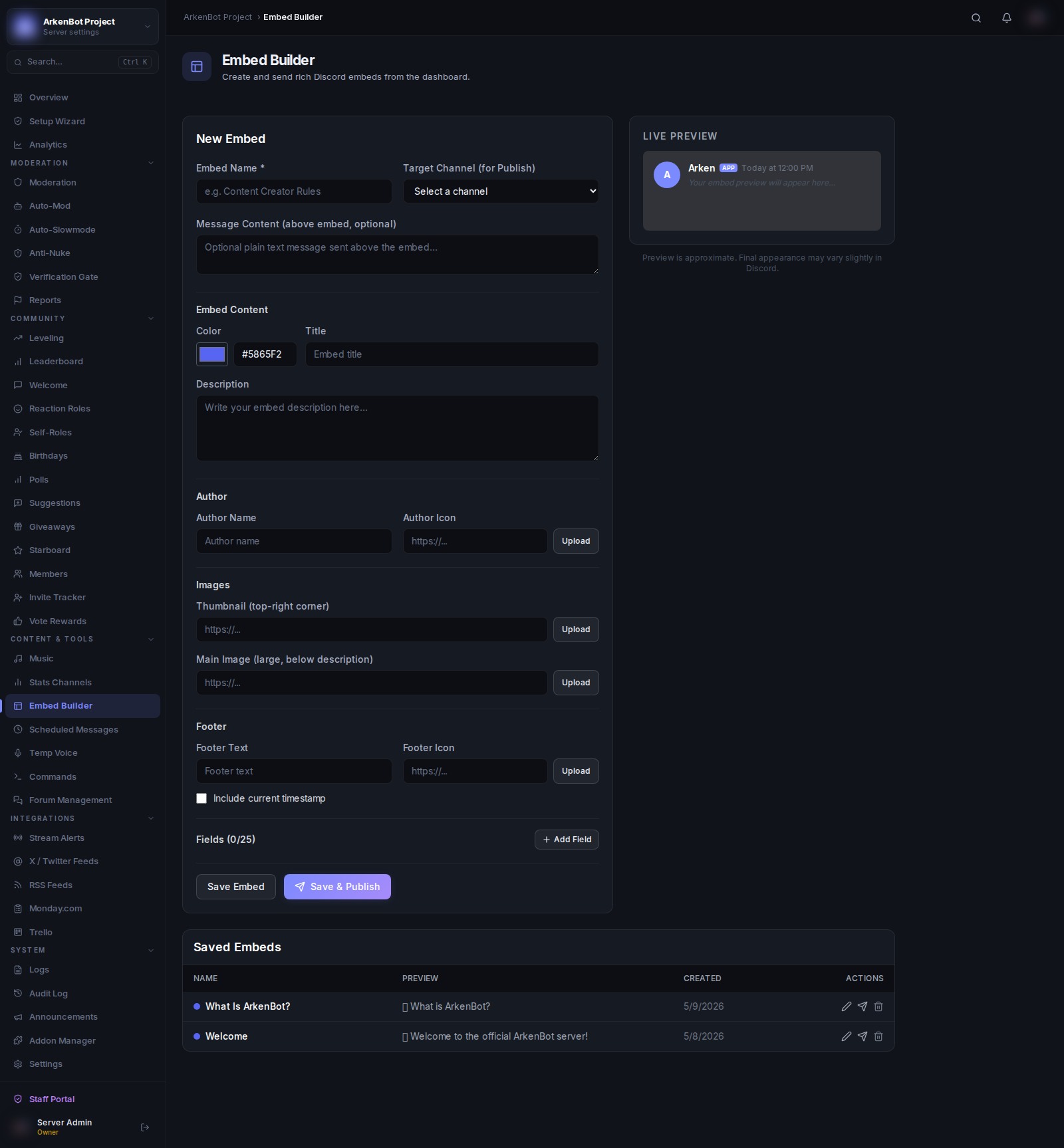 Embeds in the ArkenBot dashboard