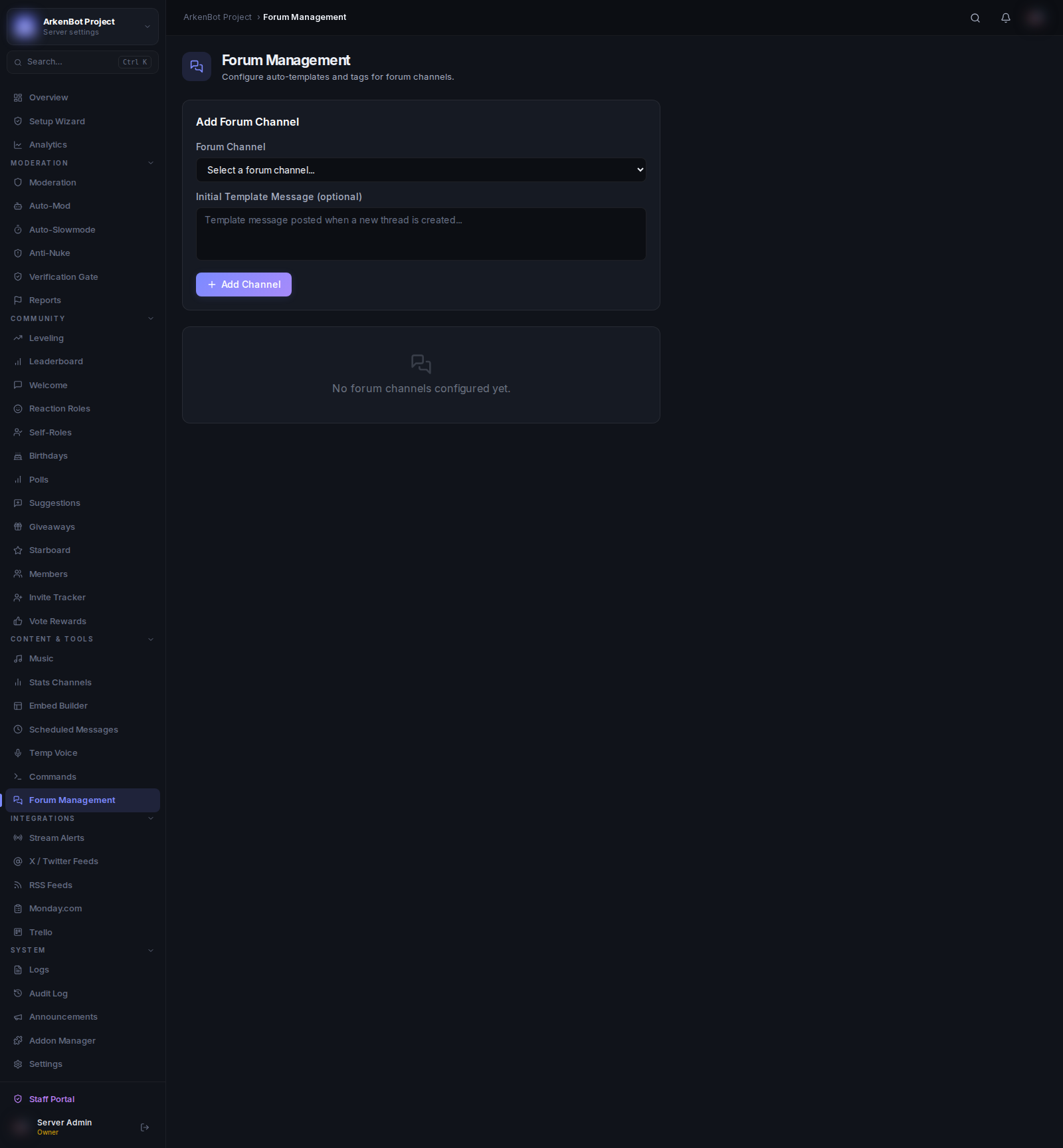 Forum Management in the ArkenBot dashboard