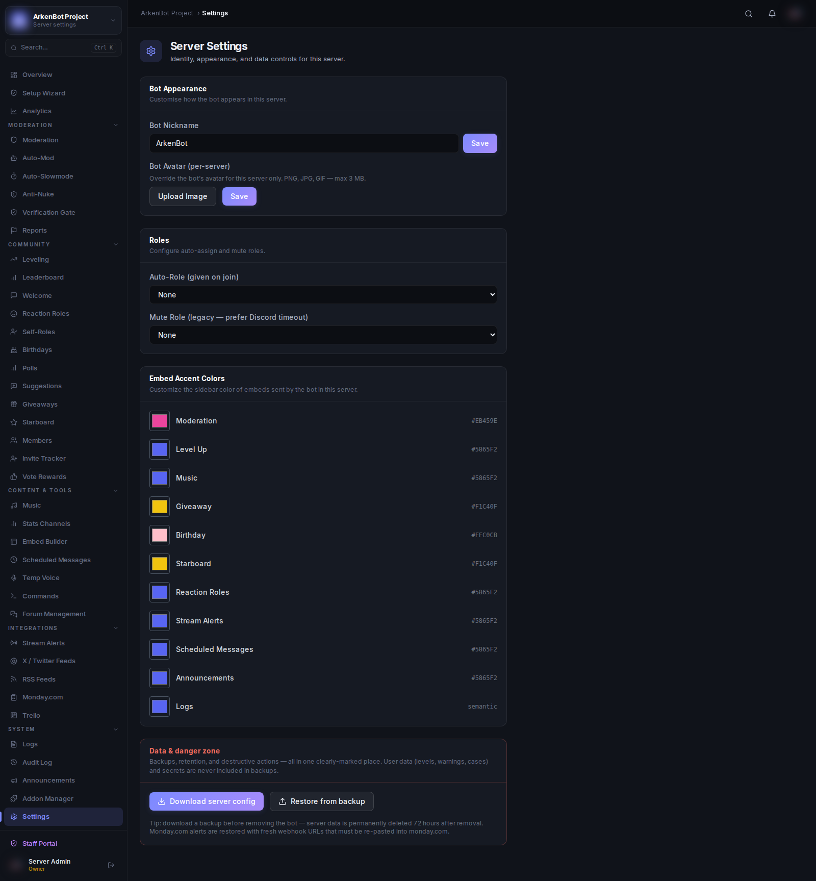 General Settings in the ArkenBot dashboard