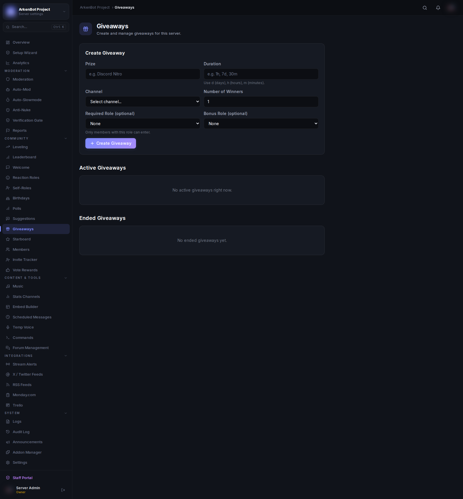 Giveaways in the ArkenBot dashboard