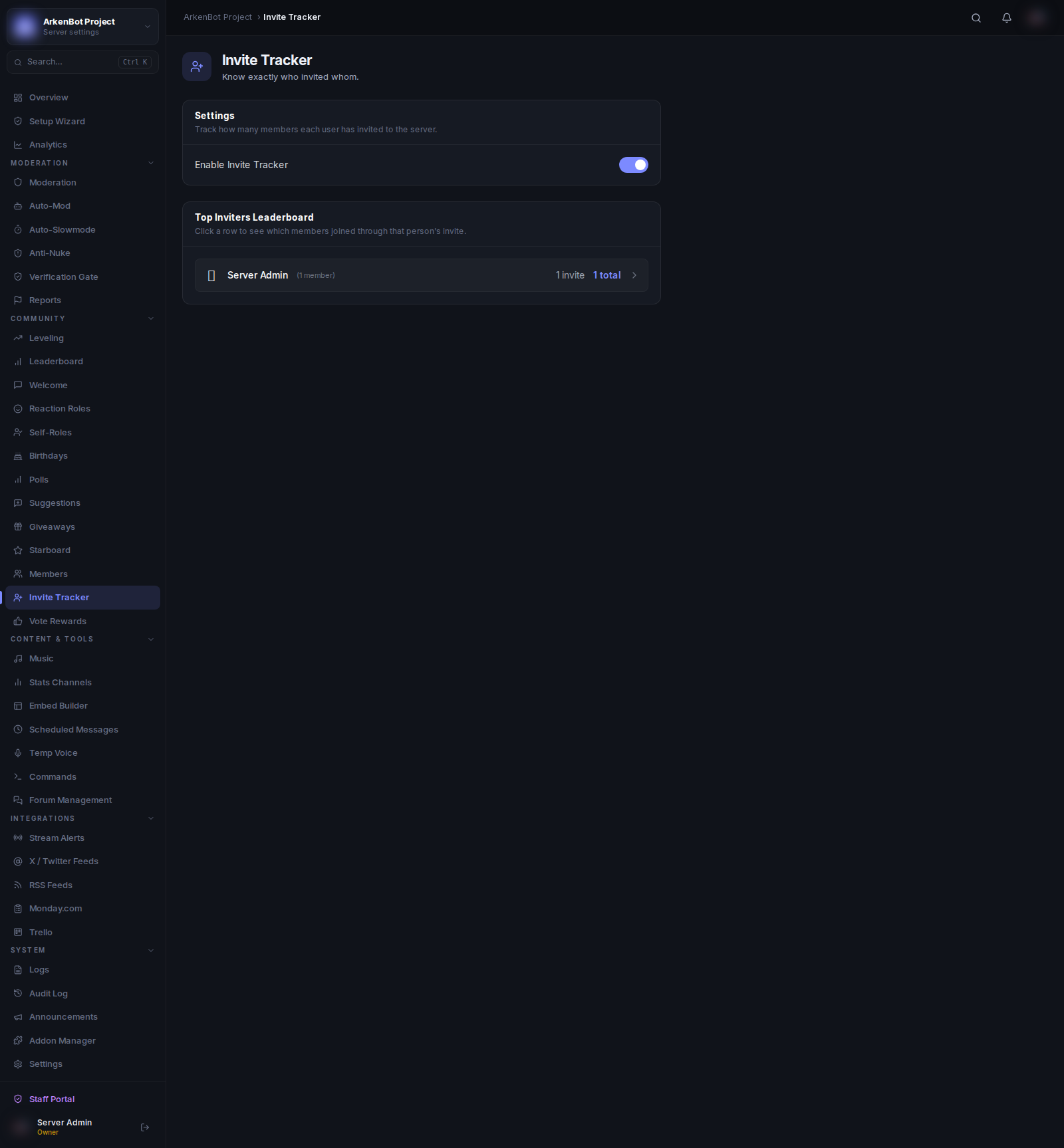 Invite Tracker in the ArkenBot dashboard