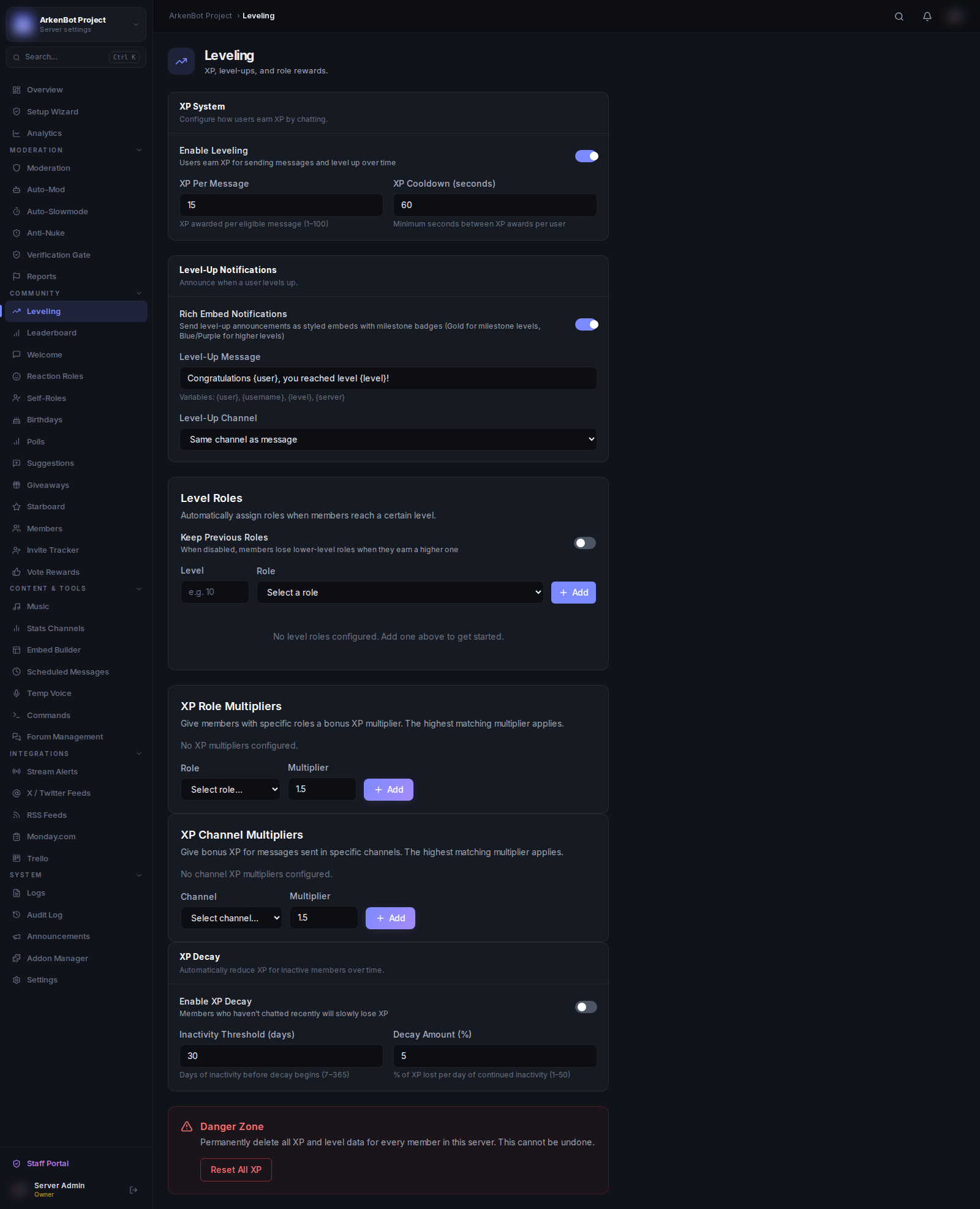 Leveling Setup in the ArkenBot dashboard