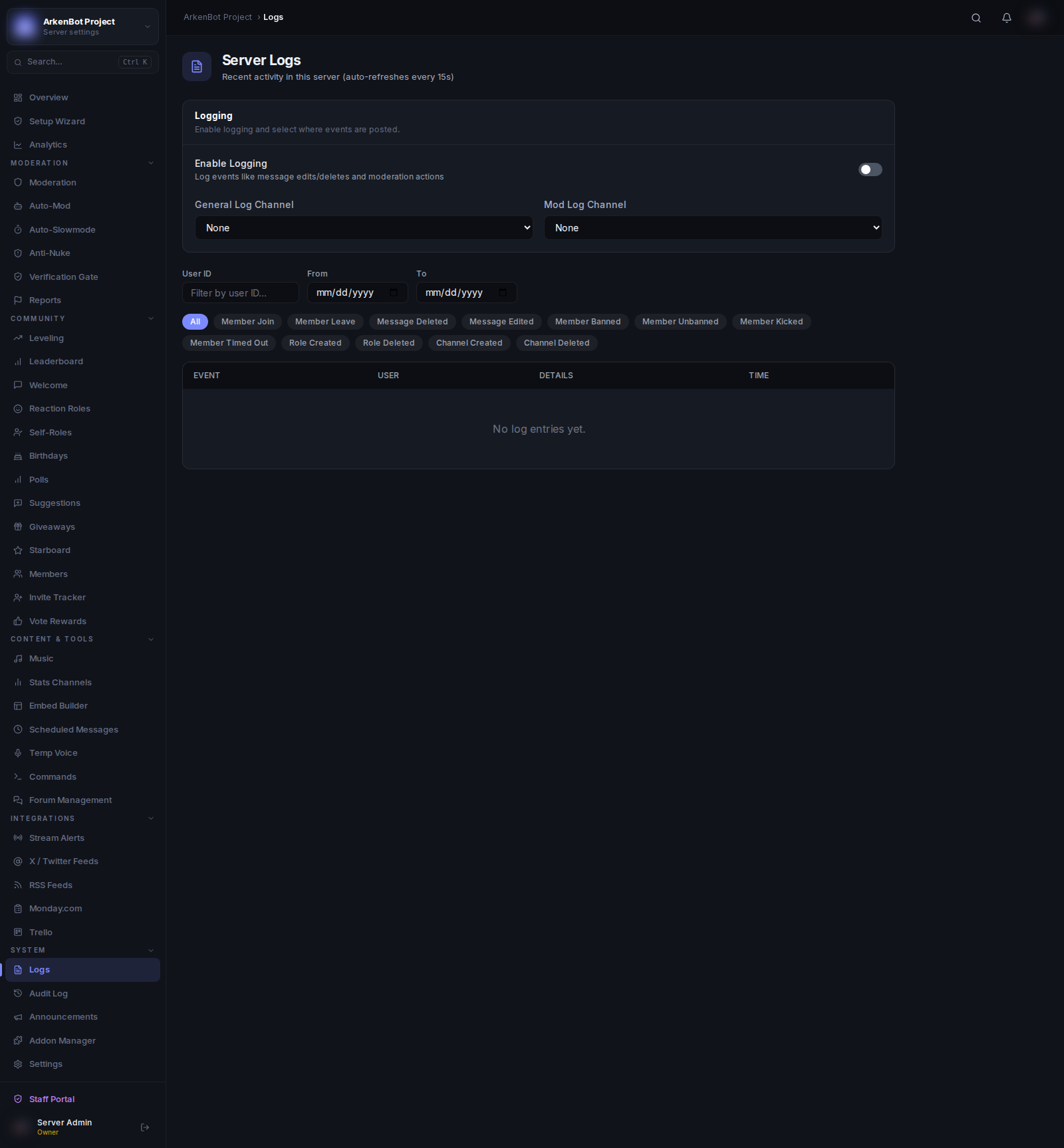 Logging Setup in the ArkenBot dashboard