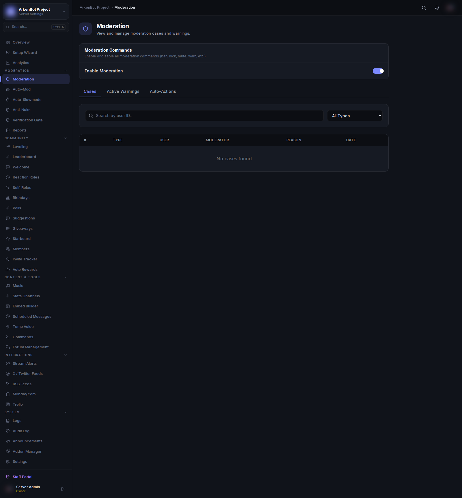 Moderation Setup in the ArkenBot dashboard