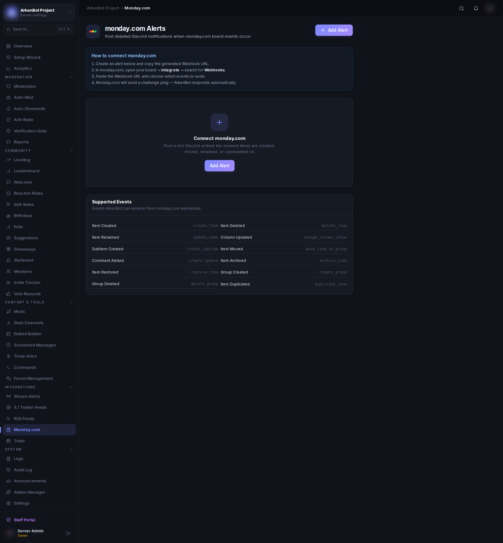 monday.com Alerts in the ArkenBot dashboard