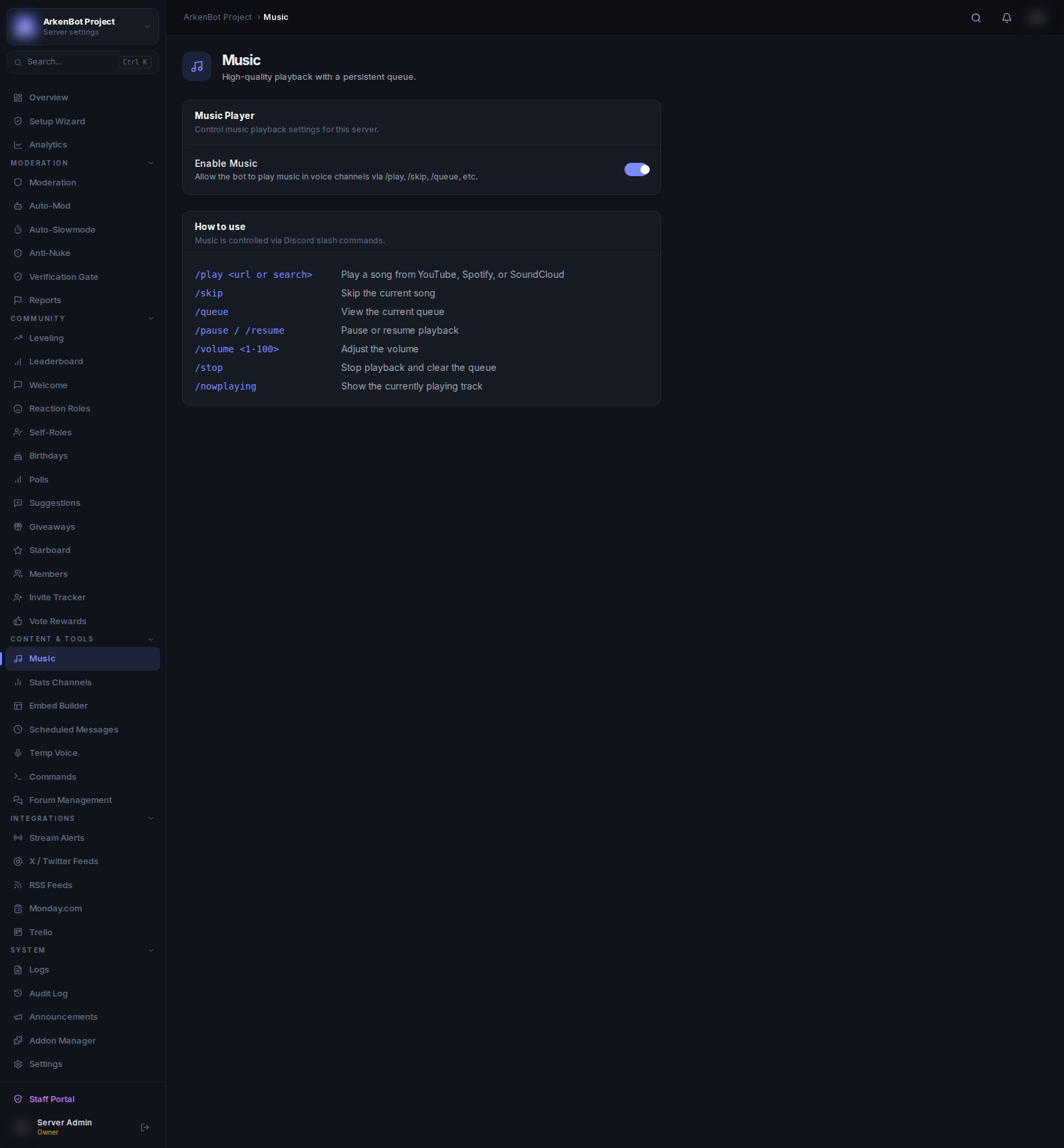 Music in the ArkenBot dashboard