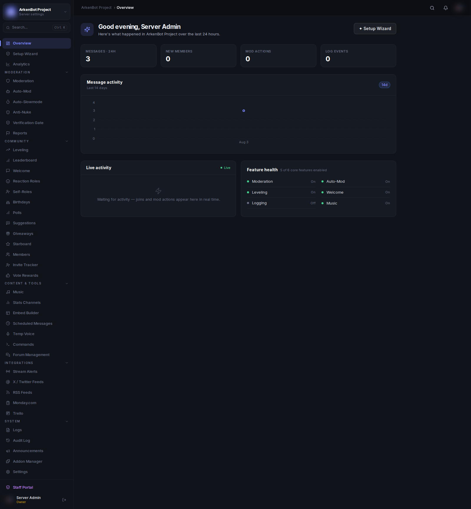 Quick Start in the ArkenBot dashboard