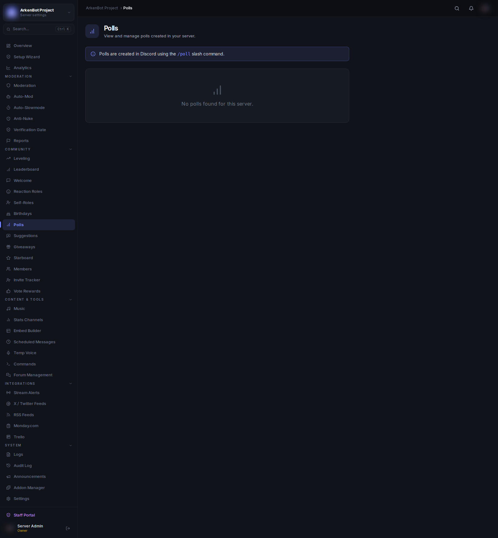 Polls in the ArkenBot dashboard