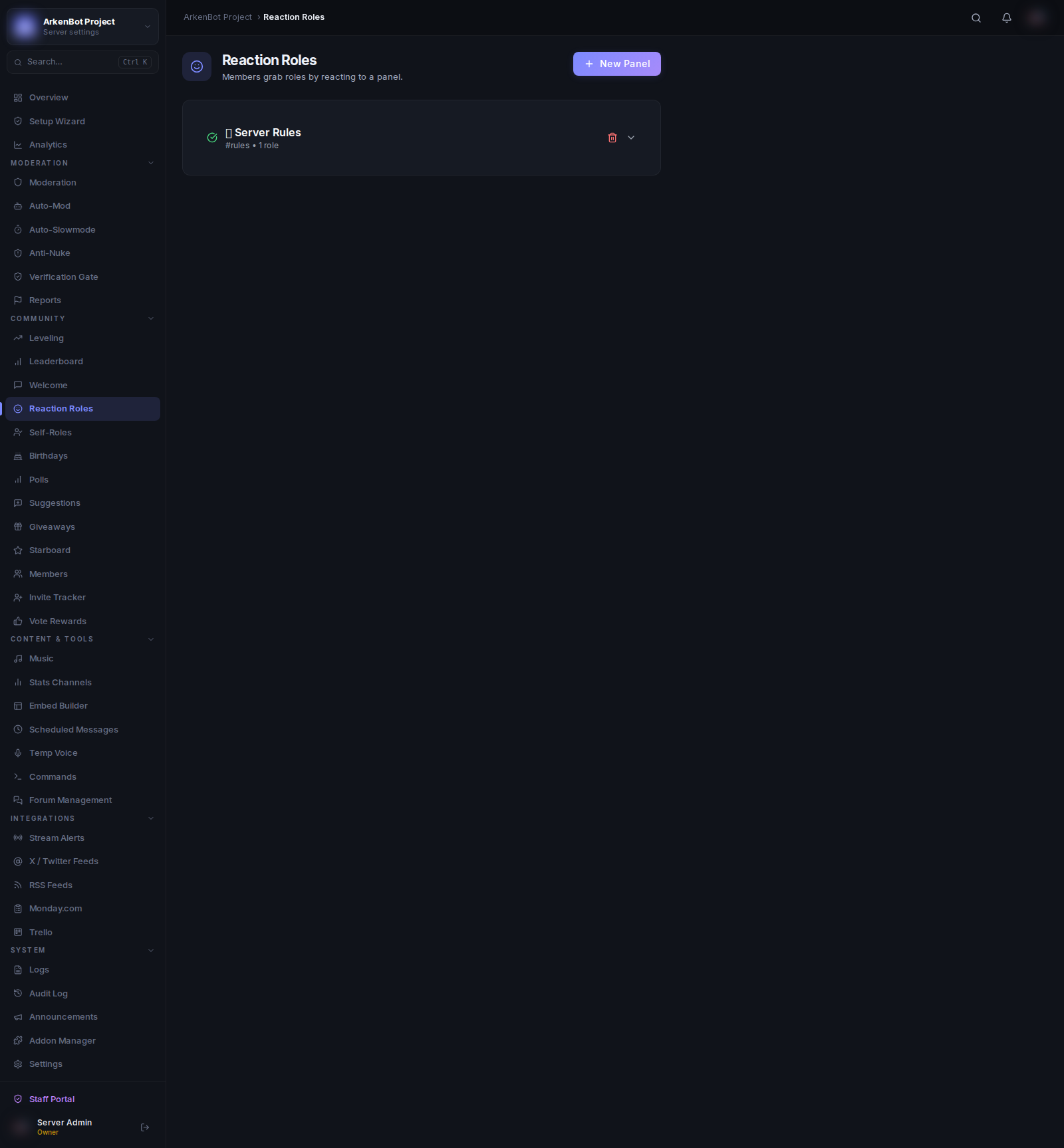 Reaction Roles in the ArkenBot dashboard