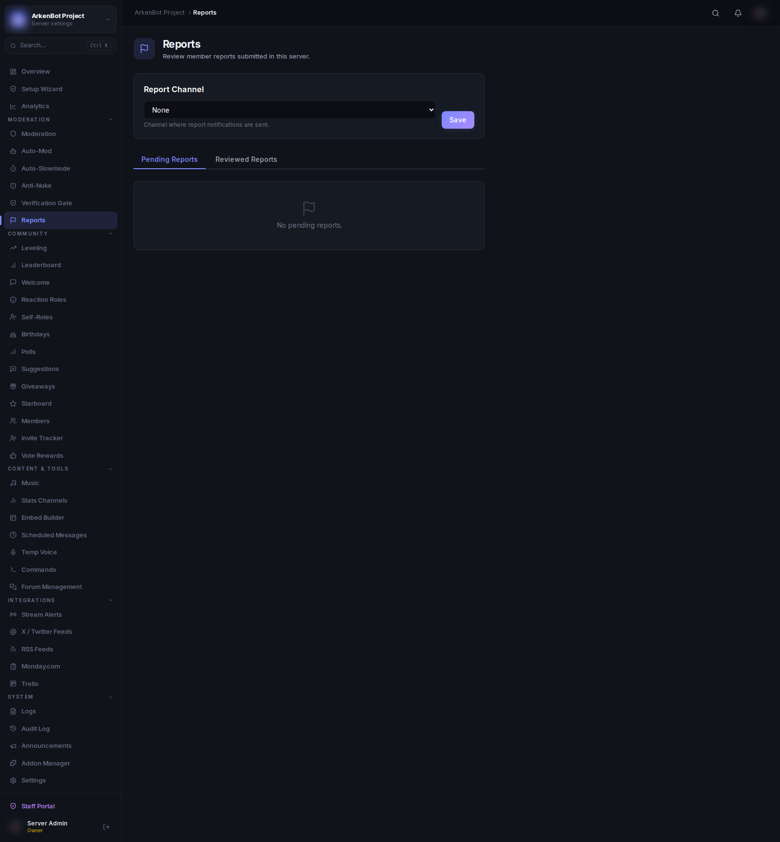Reports in the ArkenBot dashboard