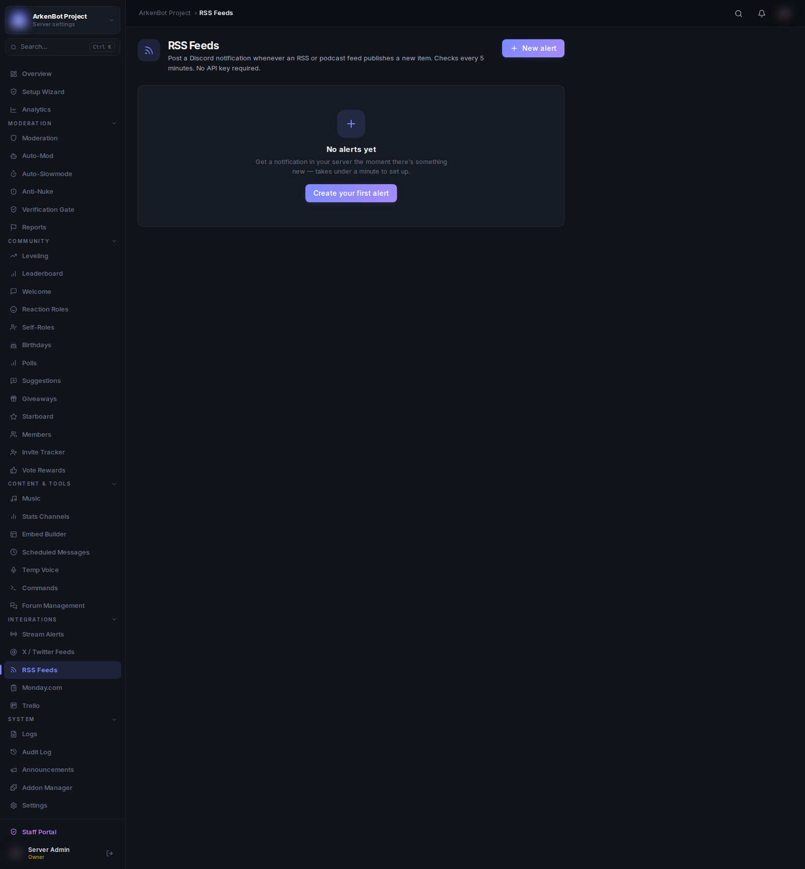RSS Feeds in the ArkenBot dashboard