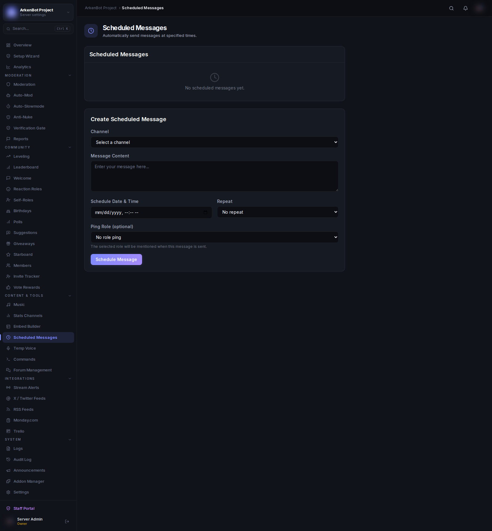 Scheduled Messages in the ArkenBot dashboard