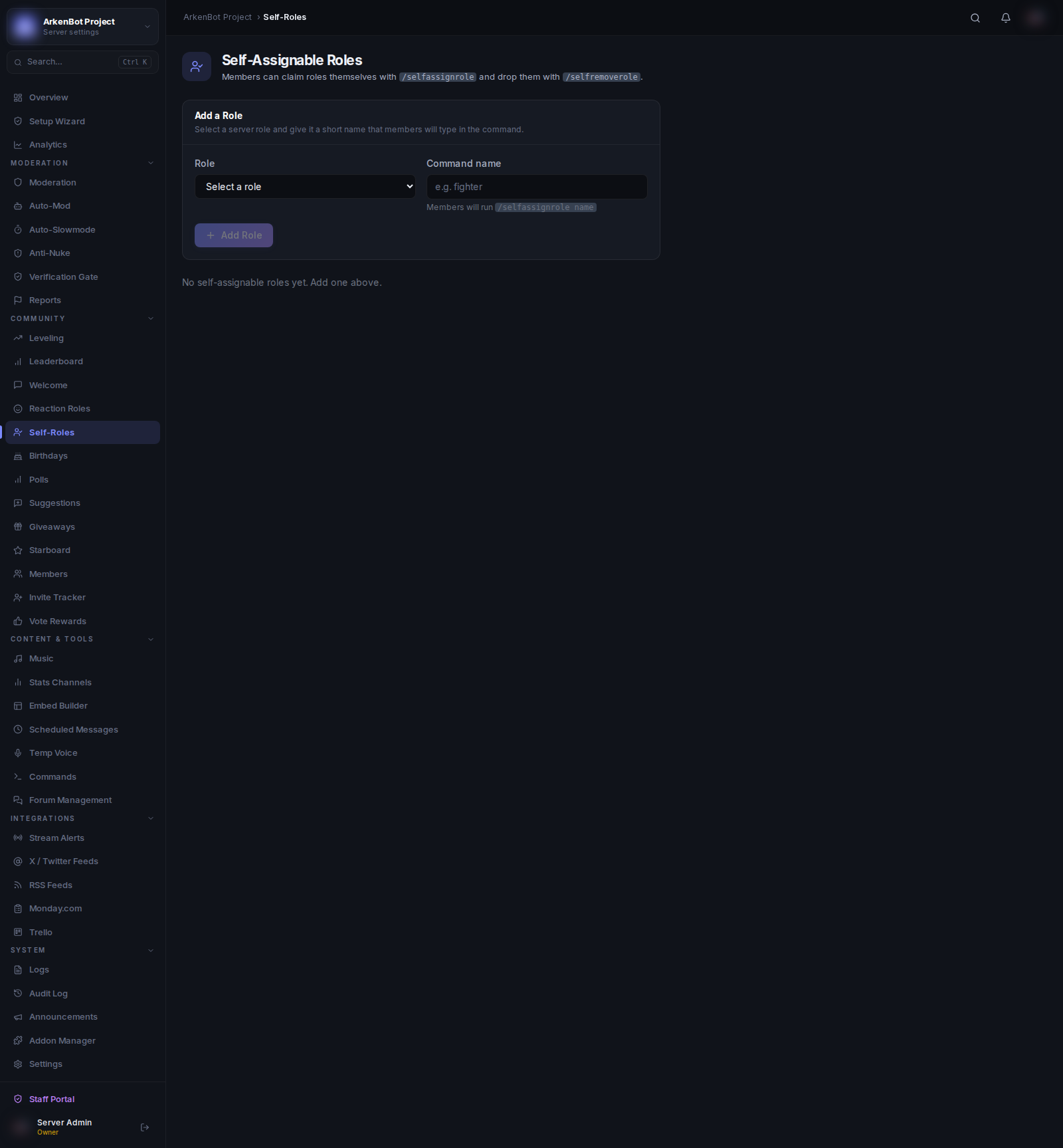 Self-Assignable Roles in the ArkenBot dashboard