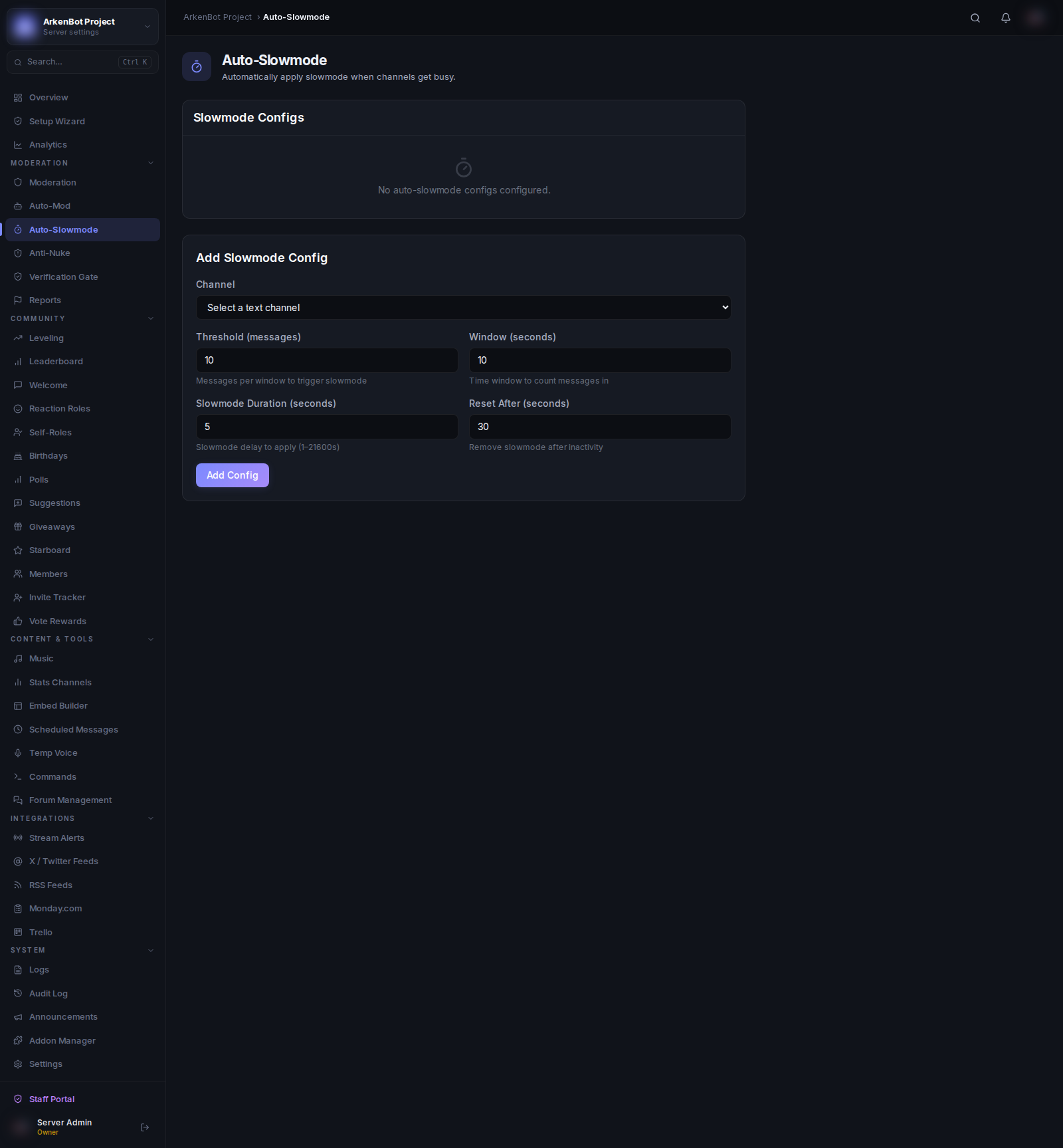 Auto-Slowmode in the ArkenBot dashboard