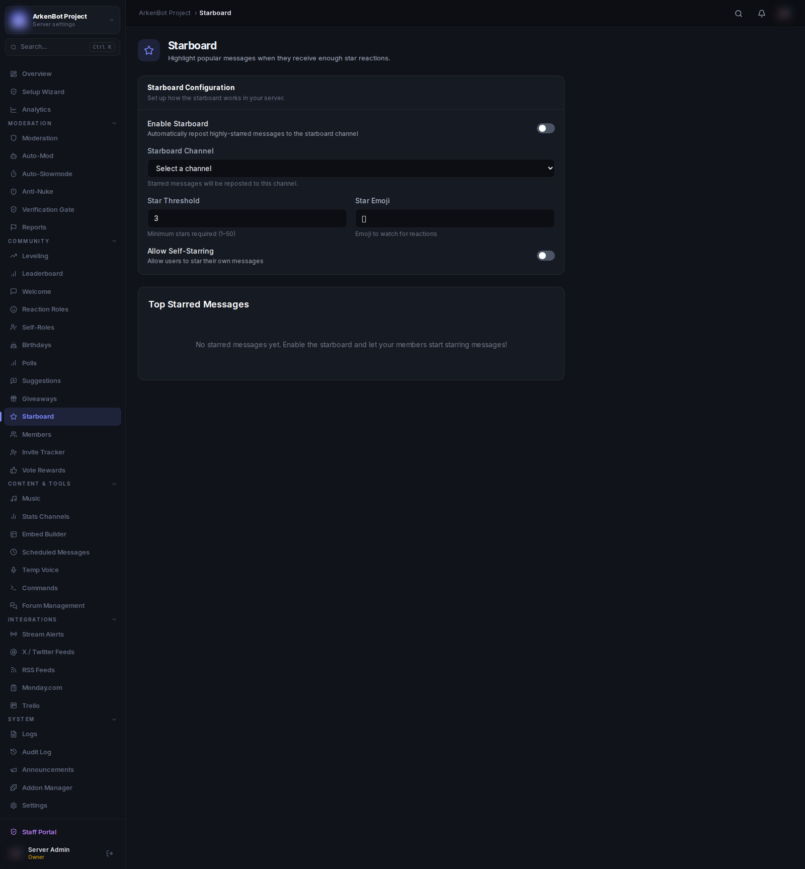 Starboard in the ArkenBot dashboard