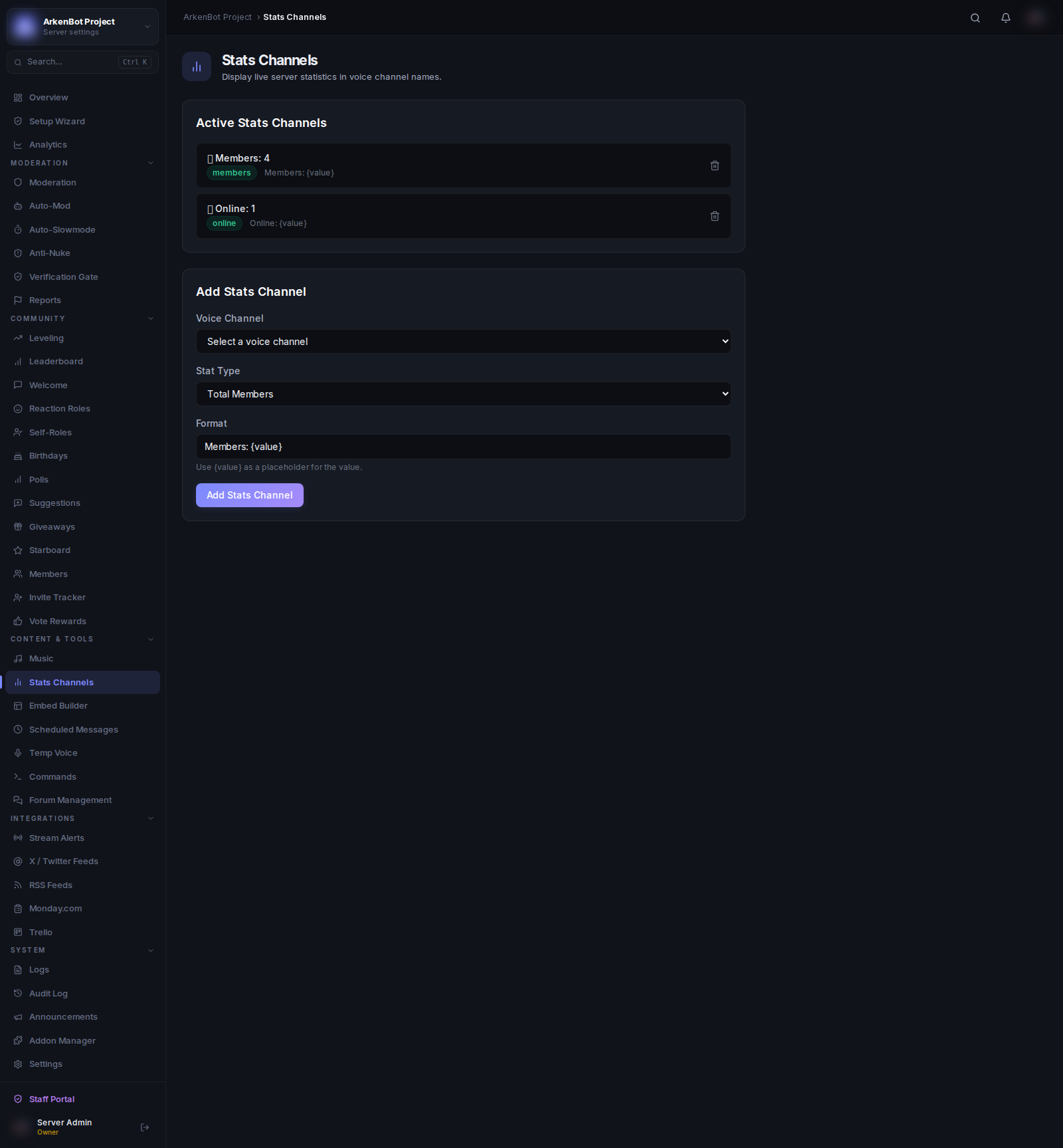Stats Channels in the ArkenBot dashboard