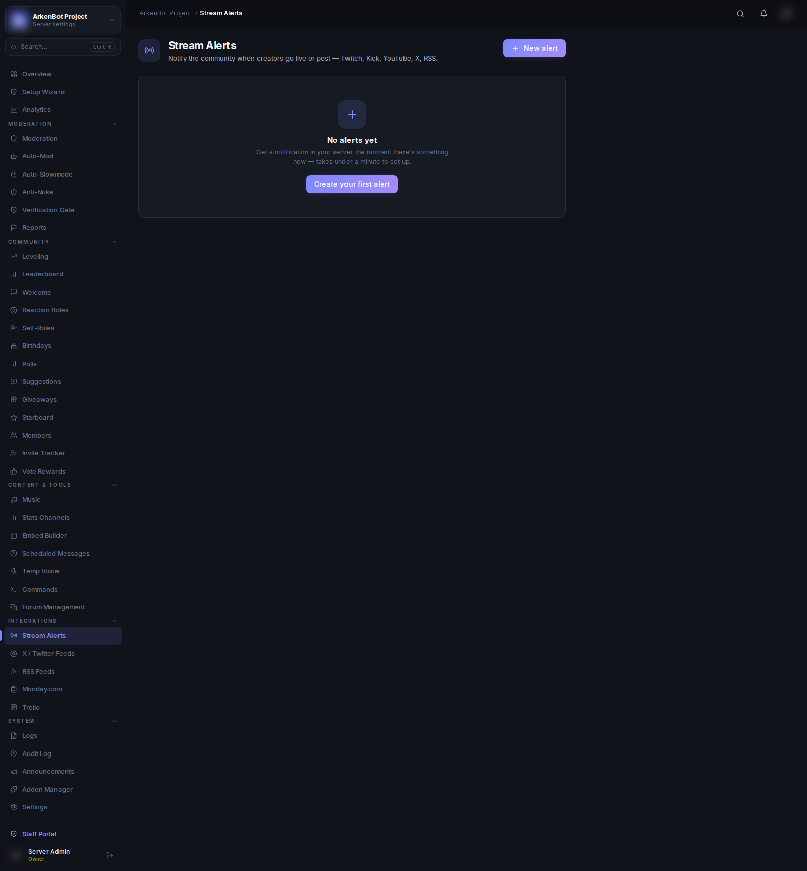 Stream Alerts in the ArkenBot dashboard