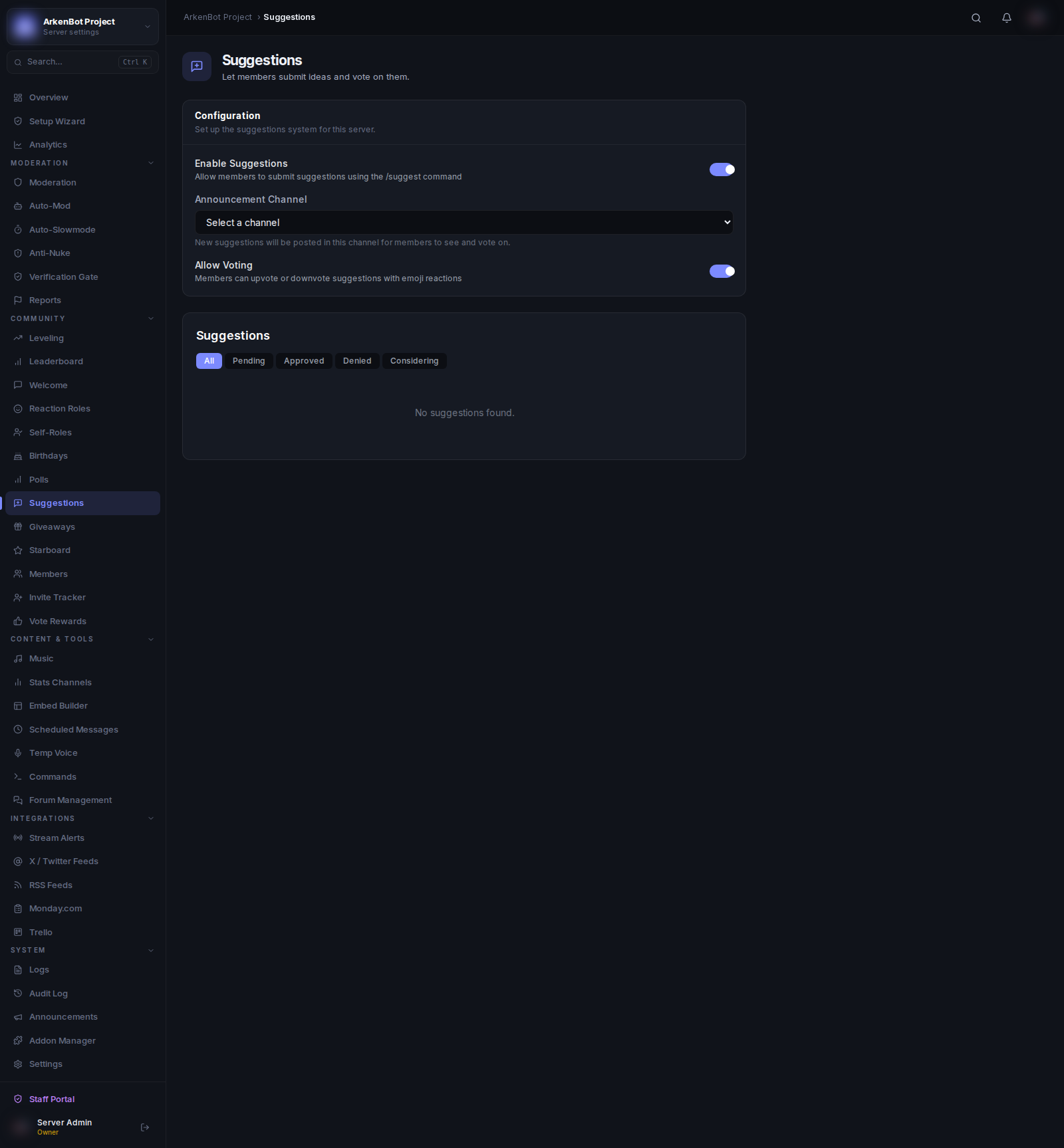 Suggestions in the ArkenBot dashboard