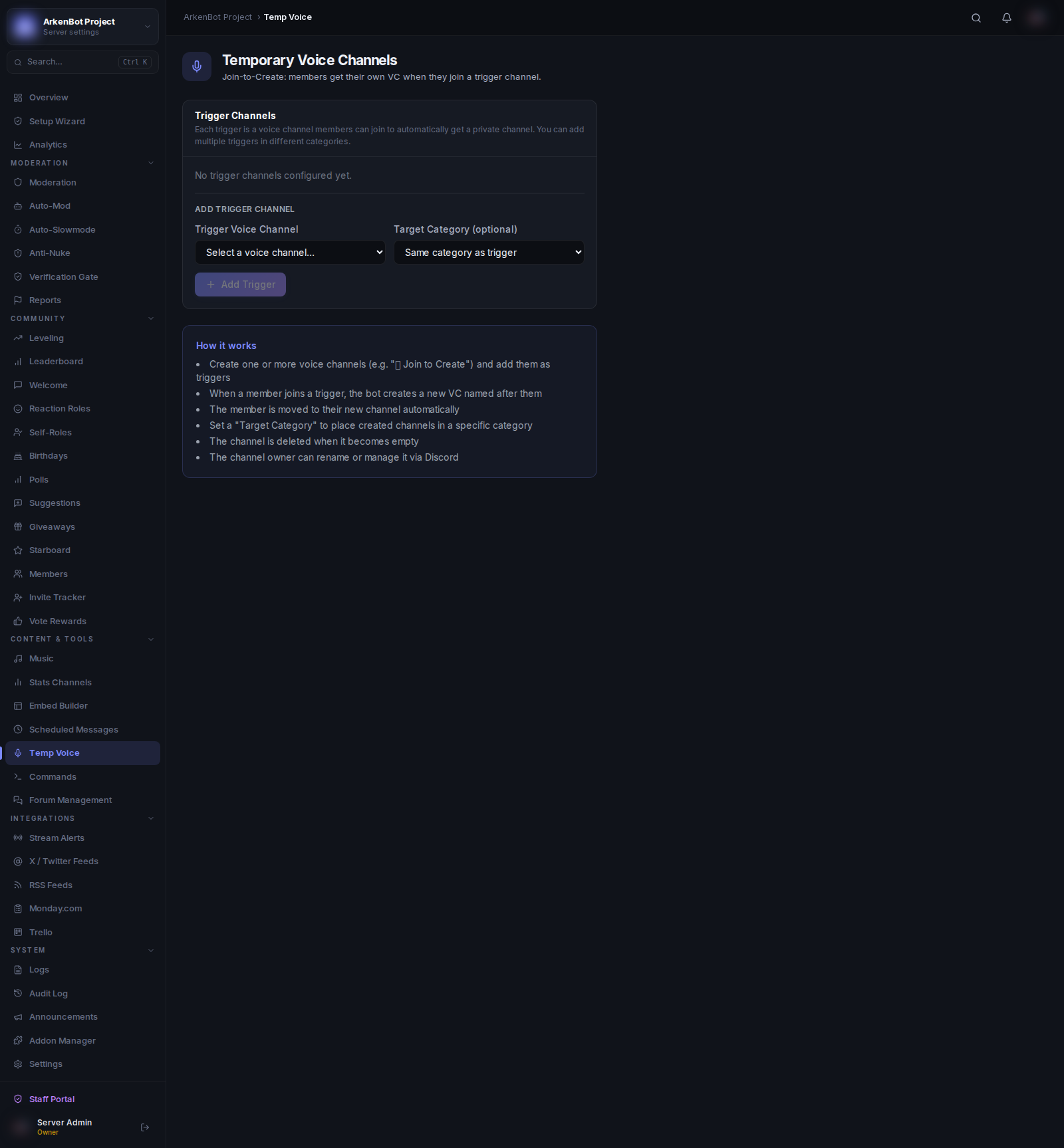 Temporary Voice Channels in the ArkenBot dashboard
