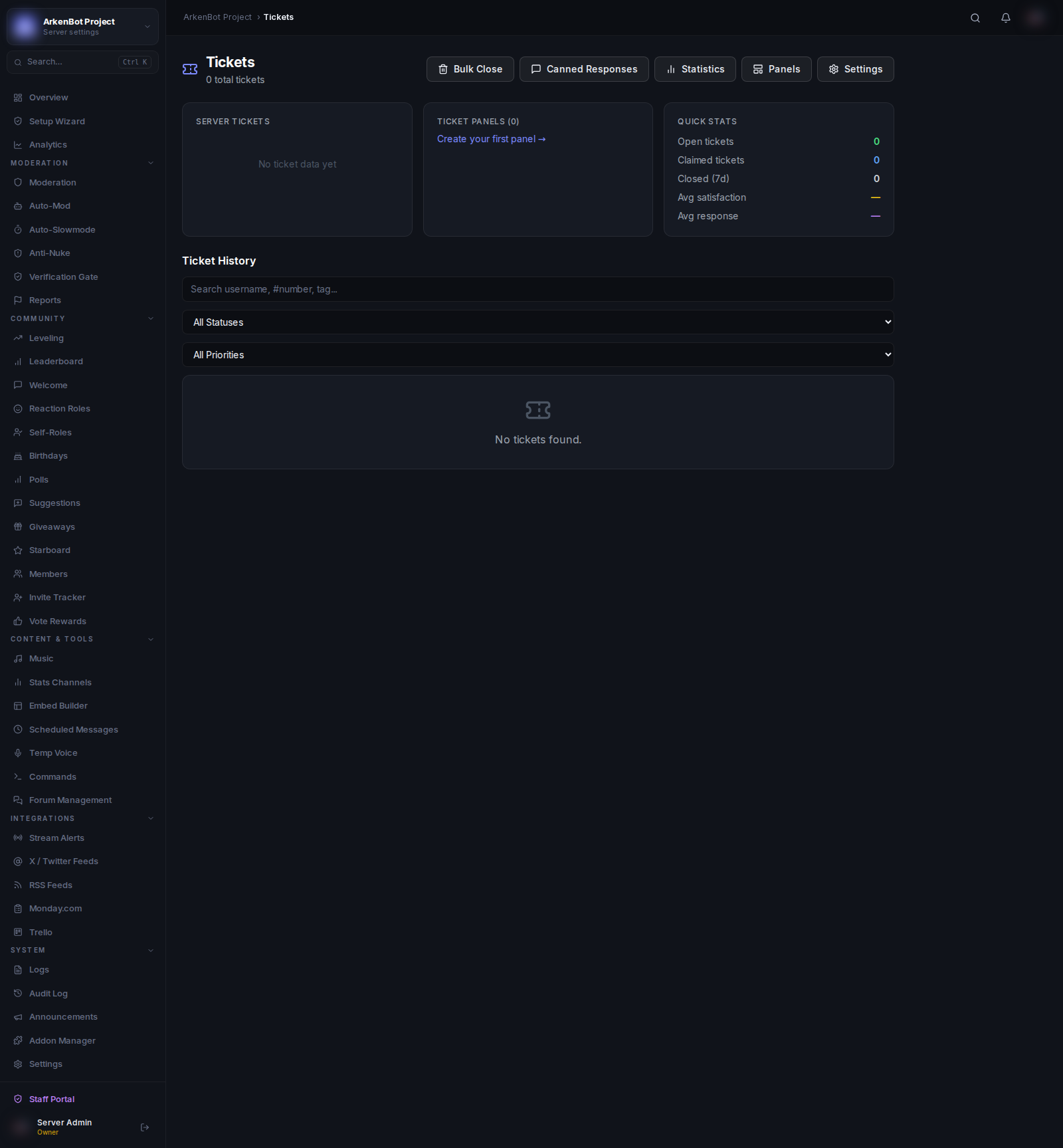 Ticket System in the ArkenBot dashboard