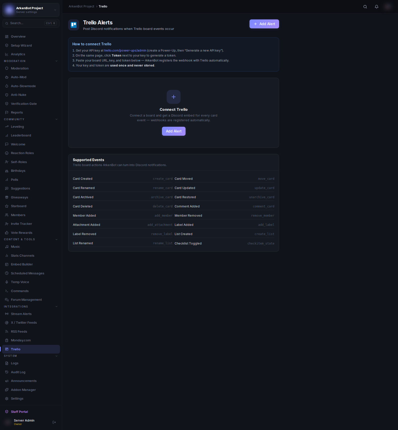 Trello Alerts in the ArkenBot dashboard