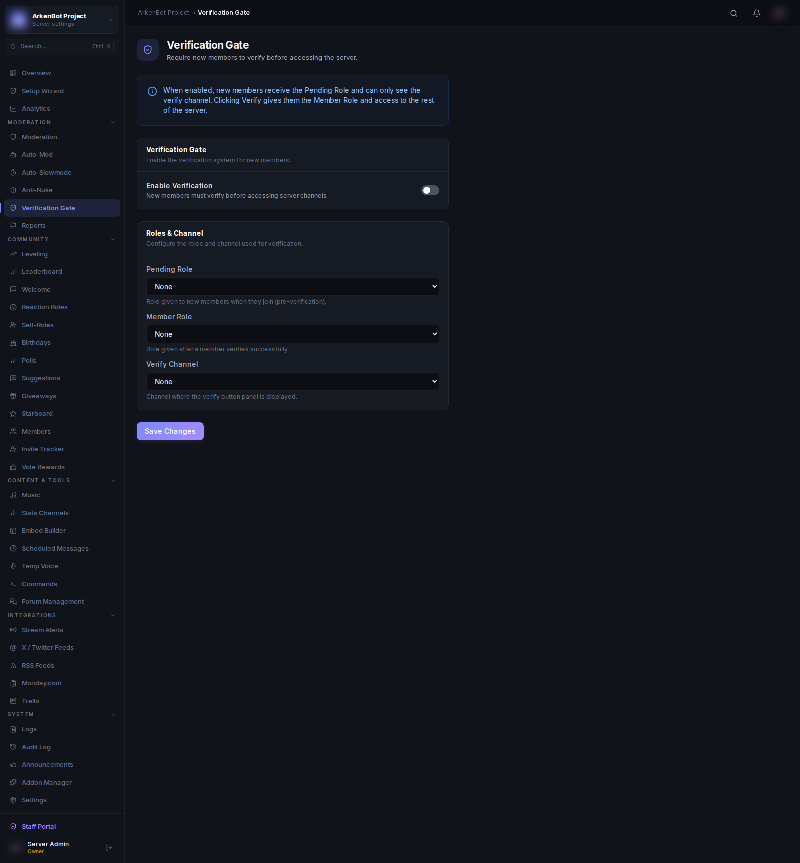 Verification Gate in the ArkenBot dashboard