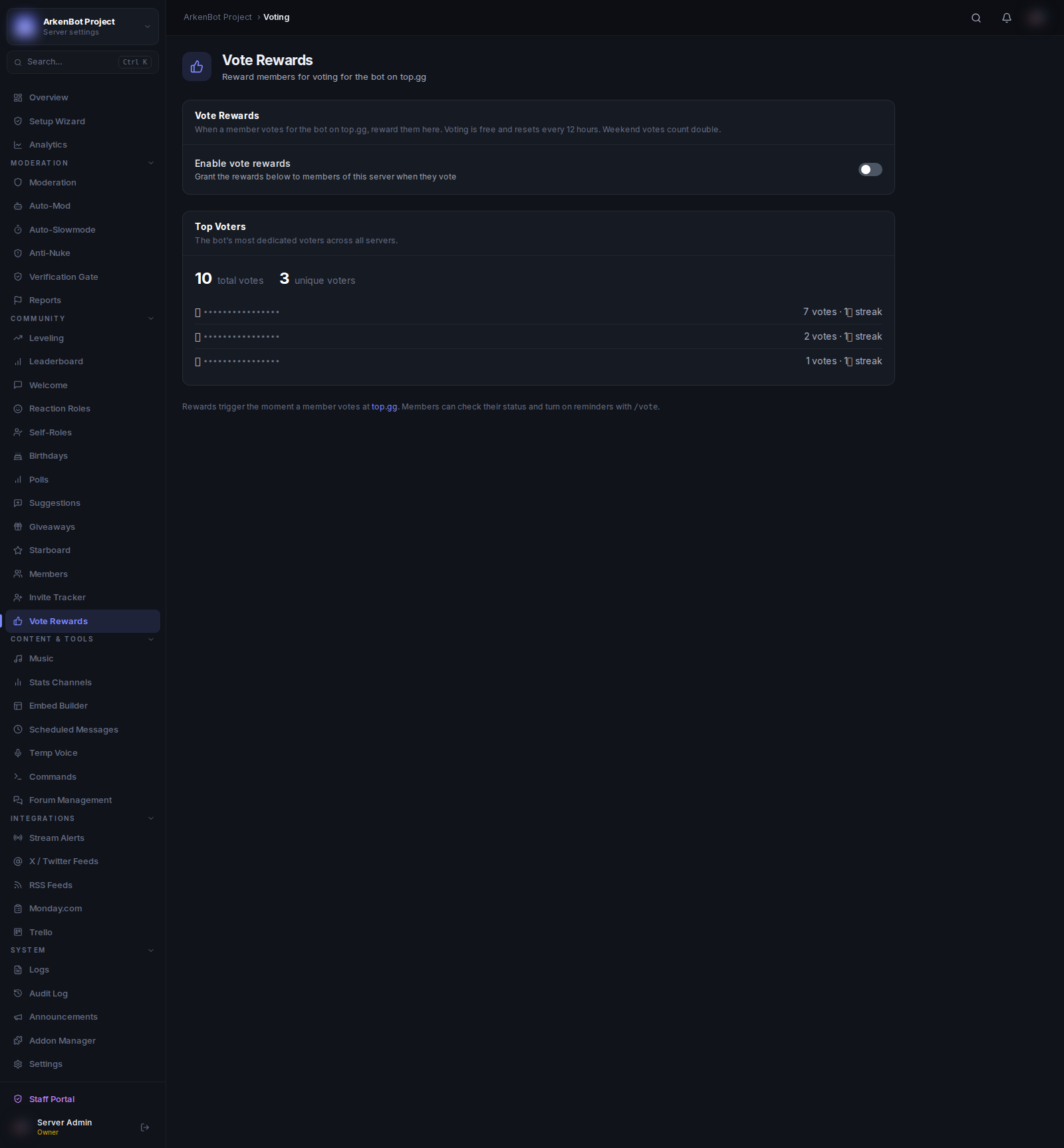 Vote Rewards in the ArkenBot dashboard