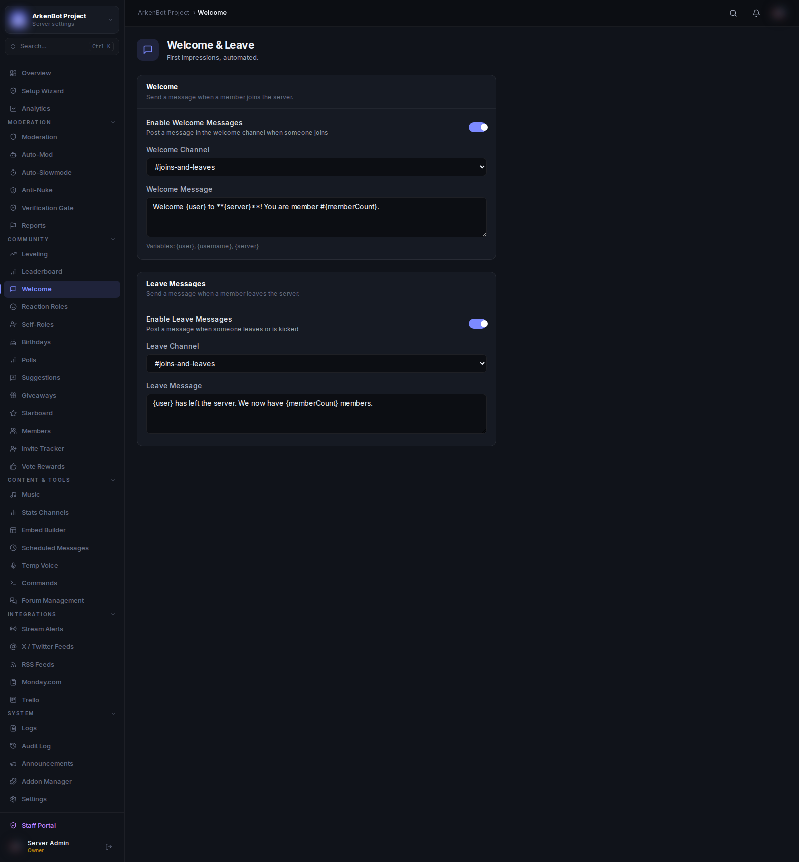 Welcome Messages in the ArkenBot dashboard